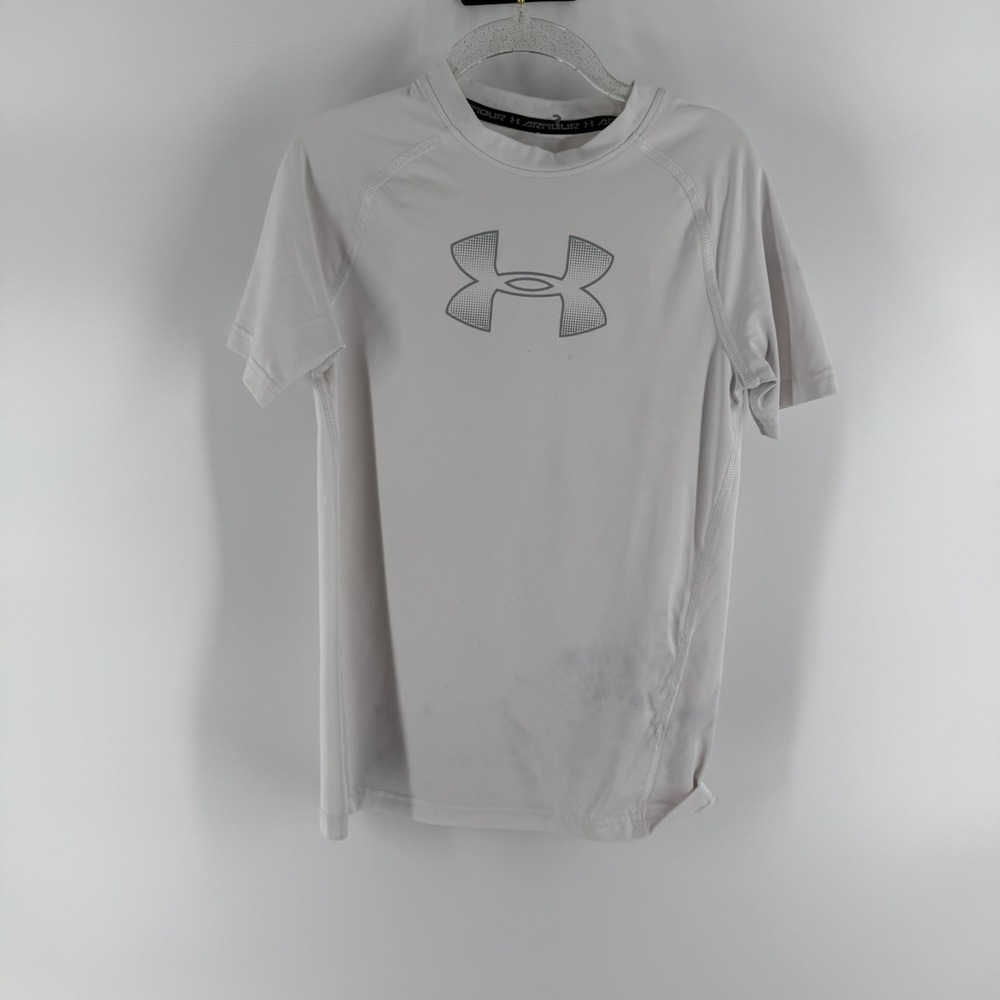 Under Armour HeatGear T Shirt‎ Youth Medium White Logo Fitted Athleisure Top